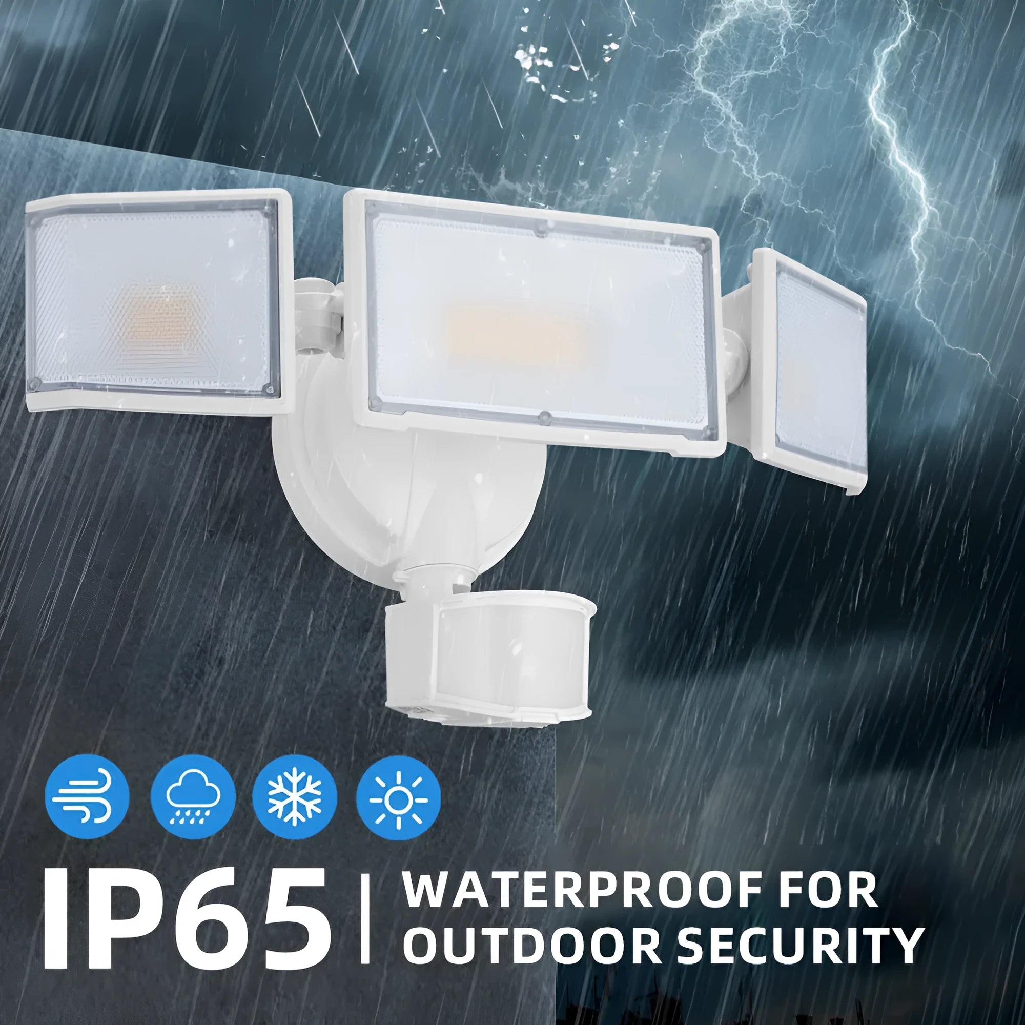 White and black LED security flood light with motion sensor for outdoor wall mounting