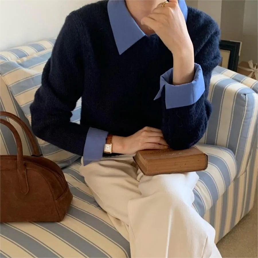 Idle Style contrast color lapels knitwear top for women, free size long sleeve polyester top in navy blue