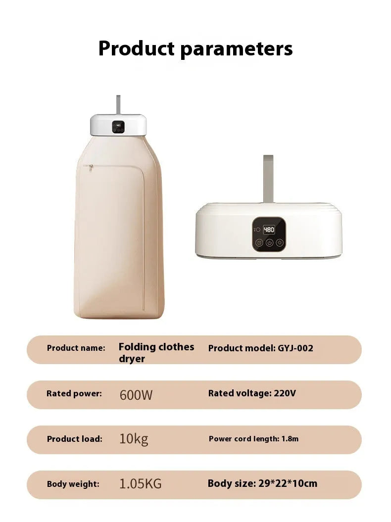 White cylindrical compact clothes dryer with remote control folded for storage