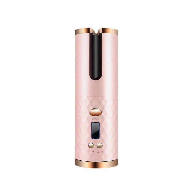 White portable automatic curling iron with USB charging cable and gold ceramic curling barrel.
