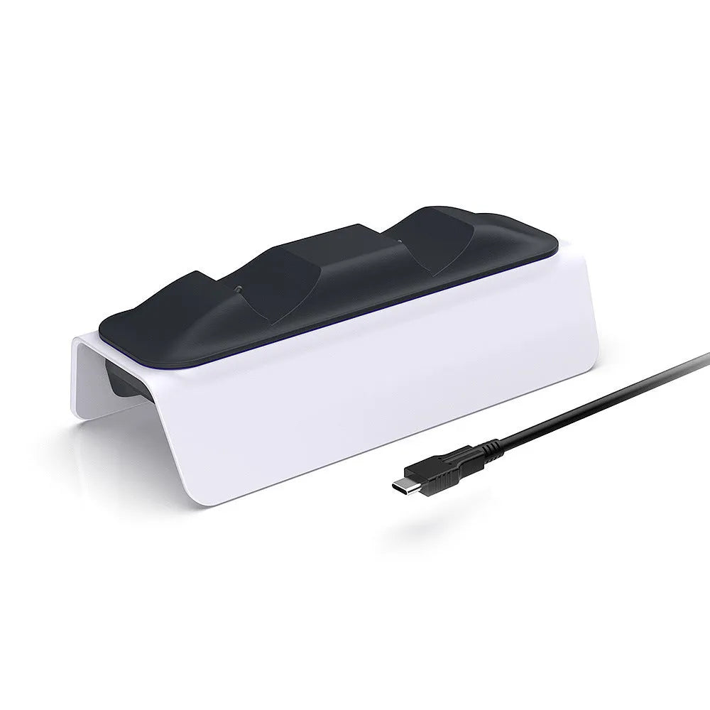 White PS5 dual controller charger with ABS body and UK plug charging two wireless gamepads