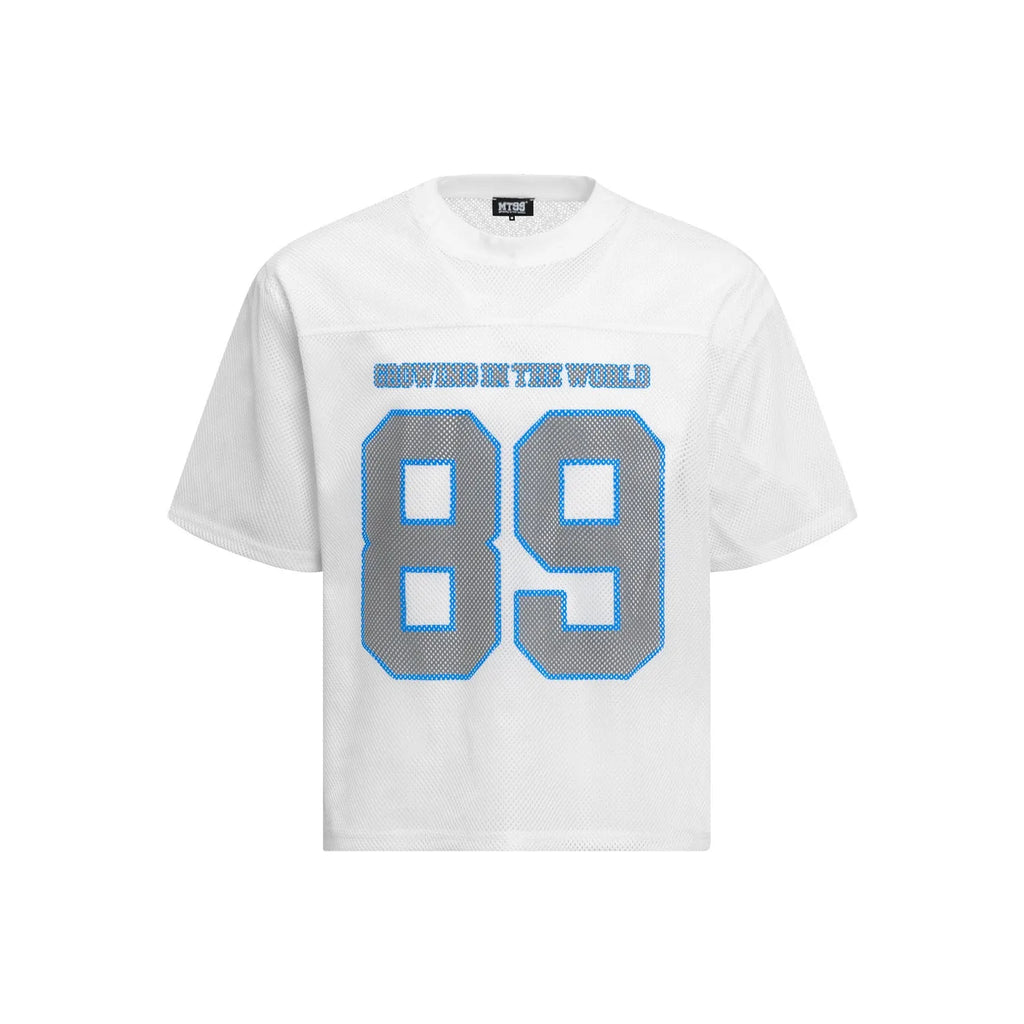 Black and white loose-fit t-shirt with alphanumeric printing on the front