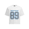 Black and white loose-fit t-shirt with alphanumeric printing on the front
