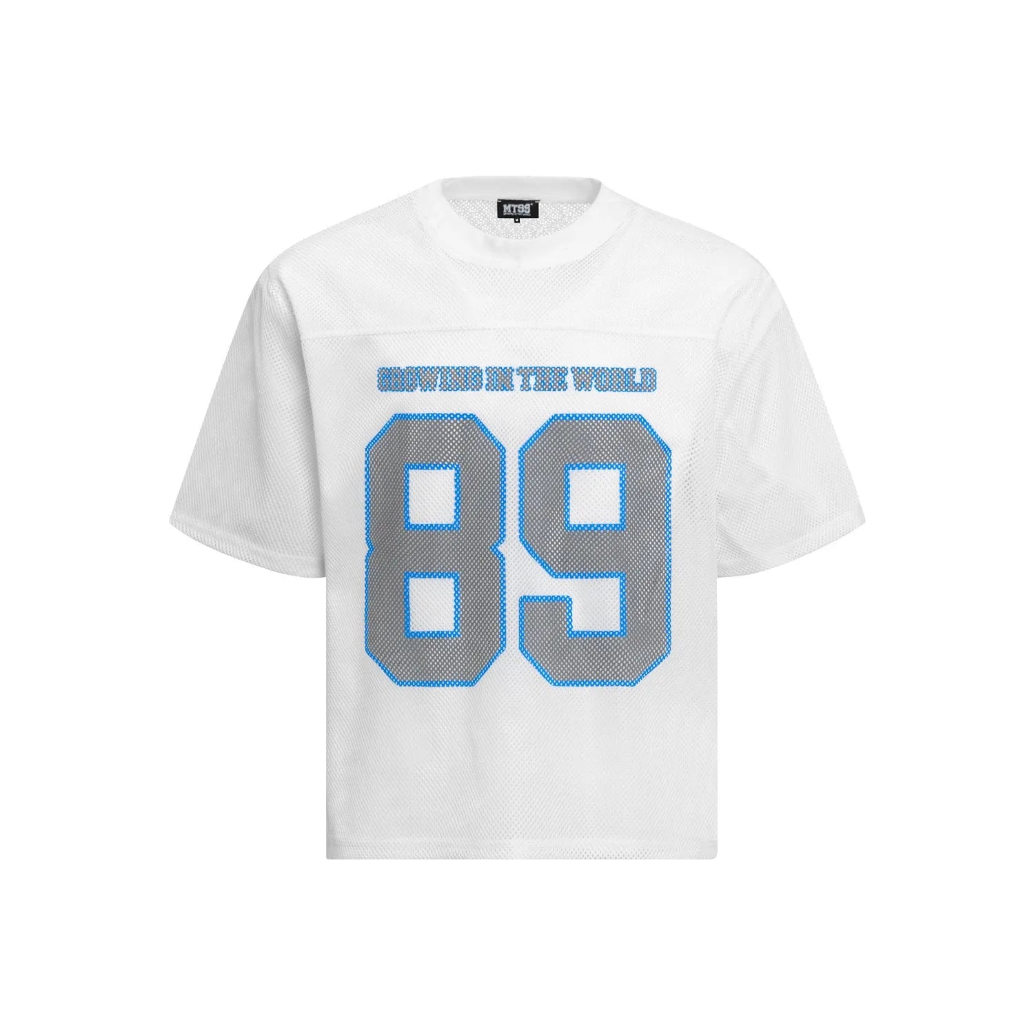 Black and white loose-fit t-shirt with alphanumeric printing on the front