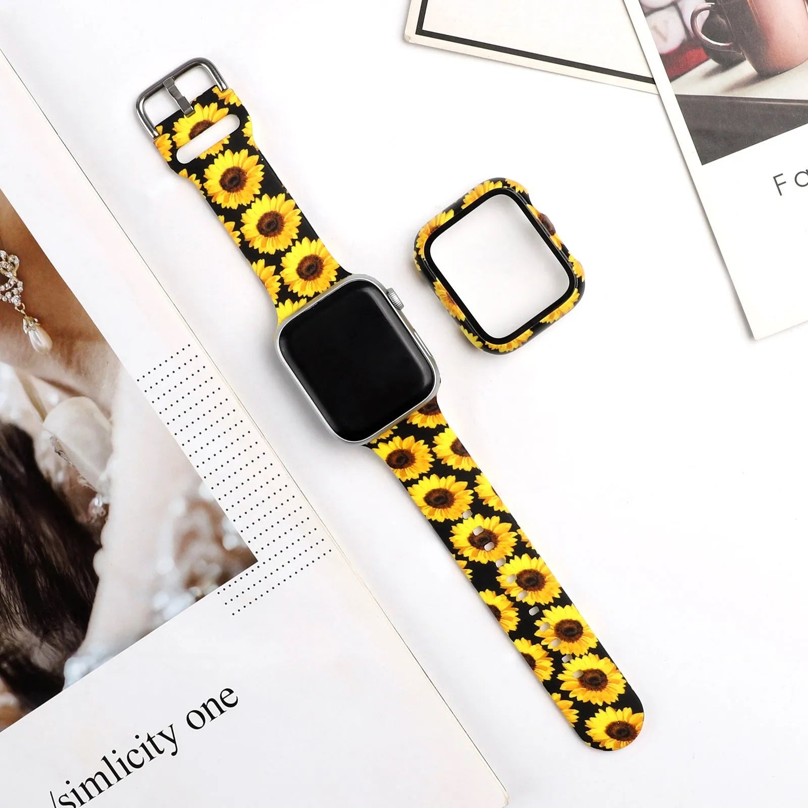 Printed silicone replacement strap for Apple iWatch models showing multiple design options and size selections.