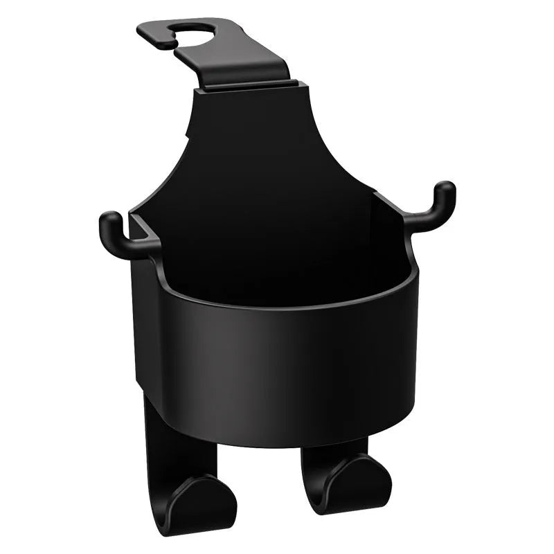 Black plastic car seat back hook with integrated cup holder for vehicle organisation