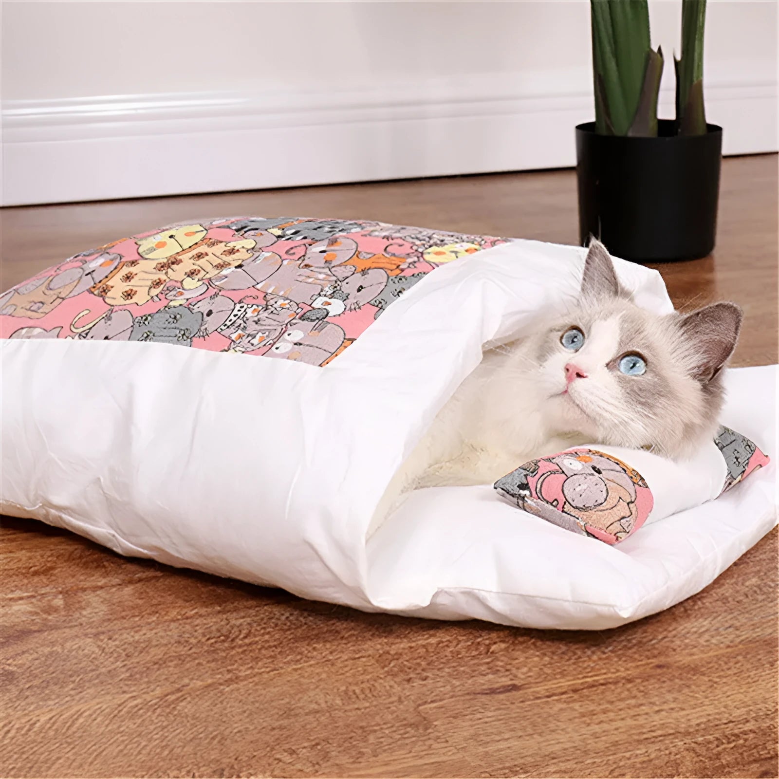 Warm semi-enclosed cat bed with removable washable quilt, cloth cave design for small to large cats