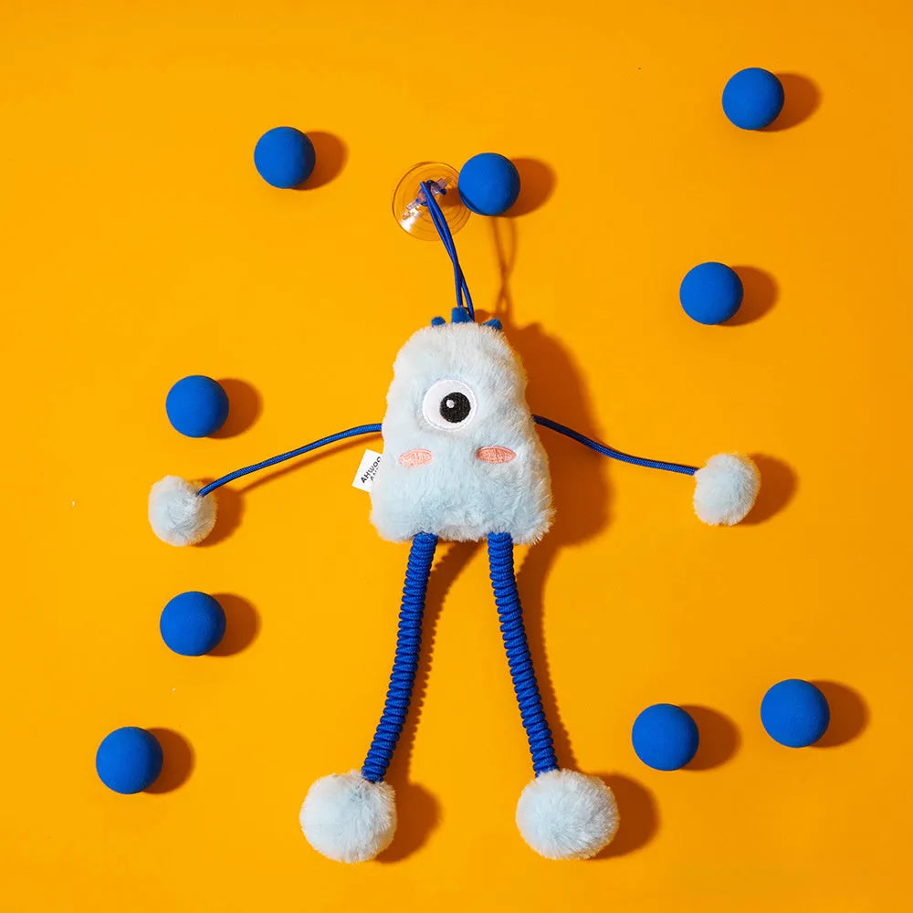 Blue plush ring cat toy with elastic rope and a mint-coloured bell, shown on a white background.