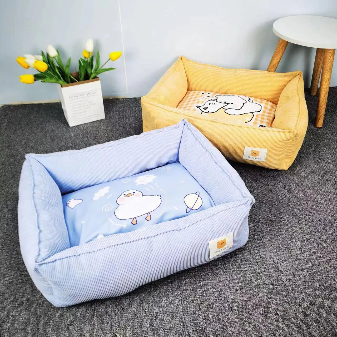 Soft fabric pet winter bed for dogs and cats in light blue colour, showing plush velvet texture.