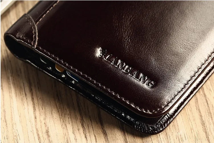Men's genuine leather wallet open showing multiple internal compartments including card slots and secret pocket