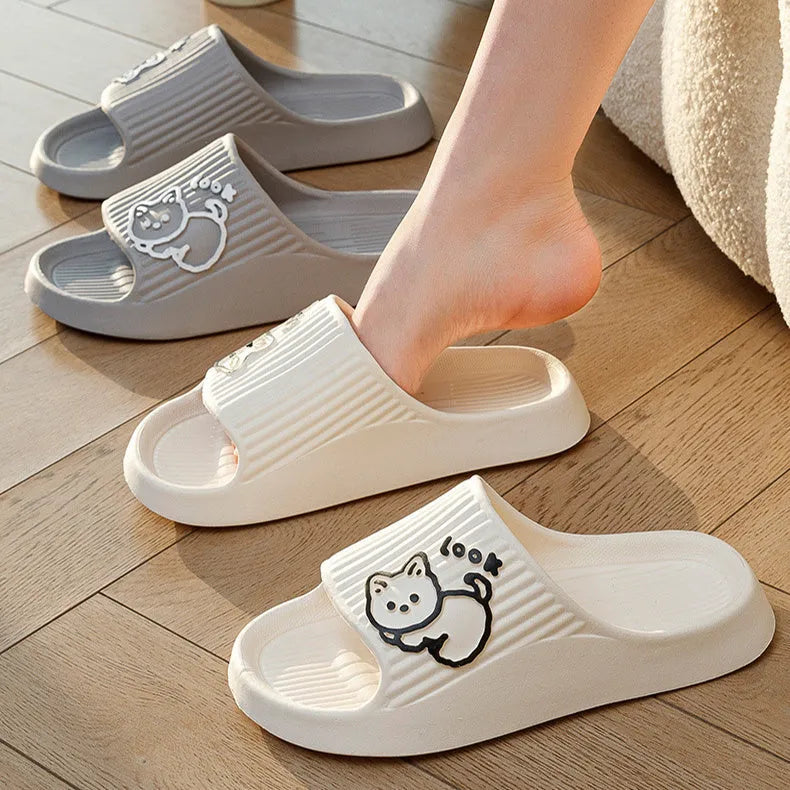 Women's green cat slippers with thick EVA platform sole, shown from above.