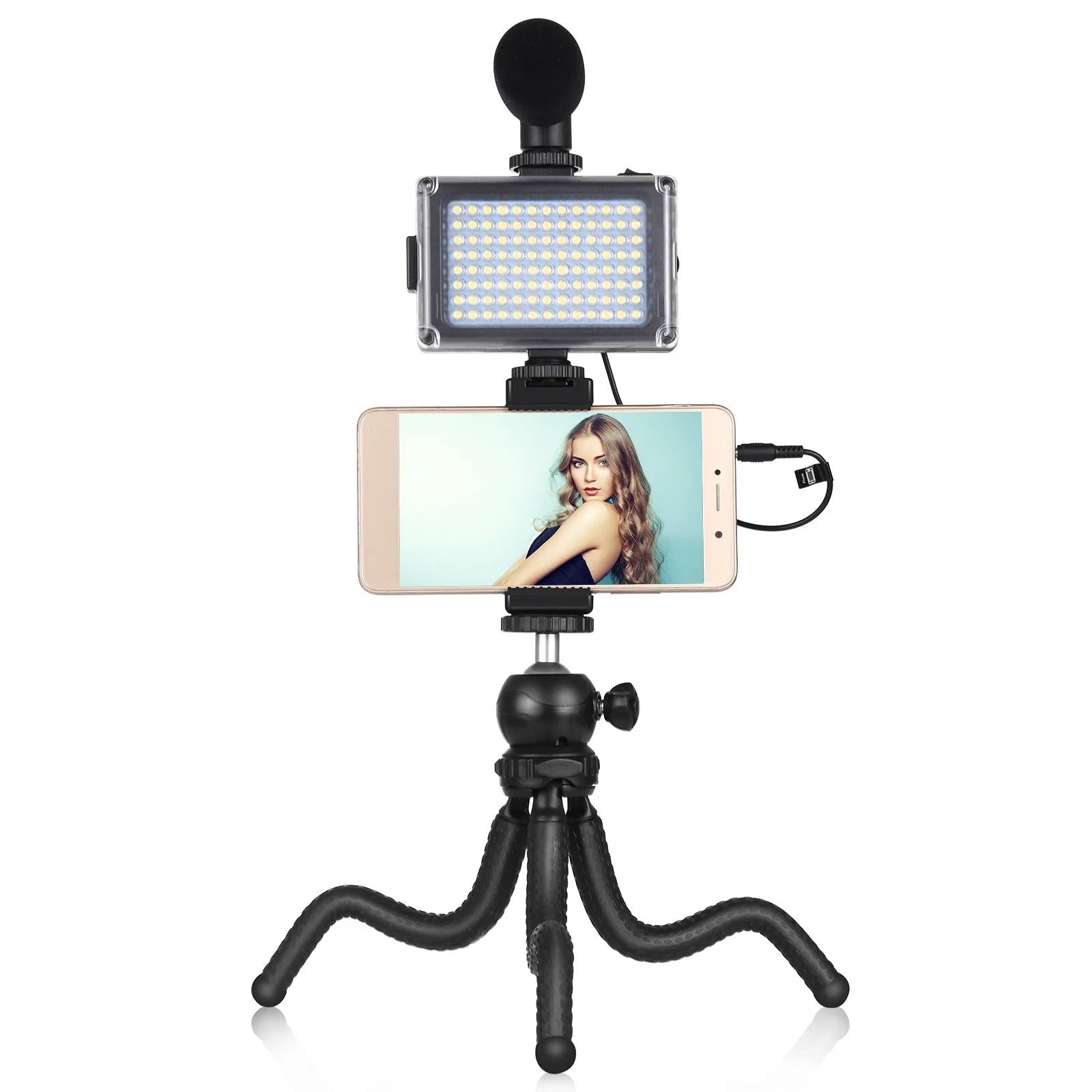 Black octopus-style flexible tripod with fill light and microphone for iPhone live broadcasting