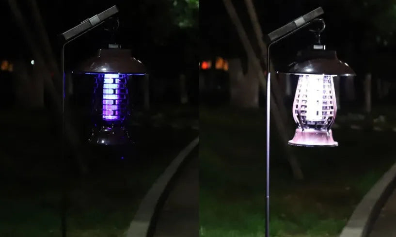 Black solar mosquito lamp with solar panel and LED lights for outdoor insect control