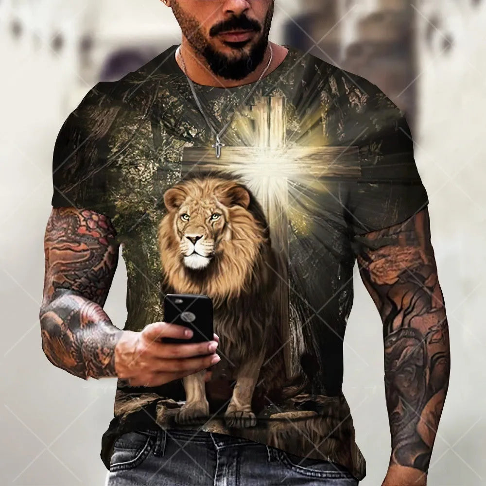 Men's grey t-shirt with a 3D printed Jesus face design on the chest
