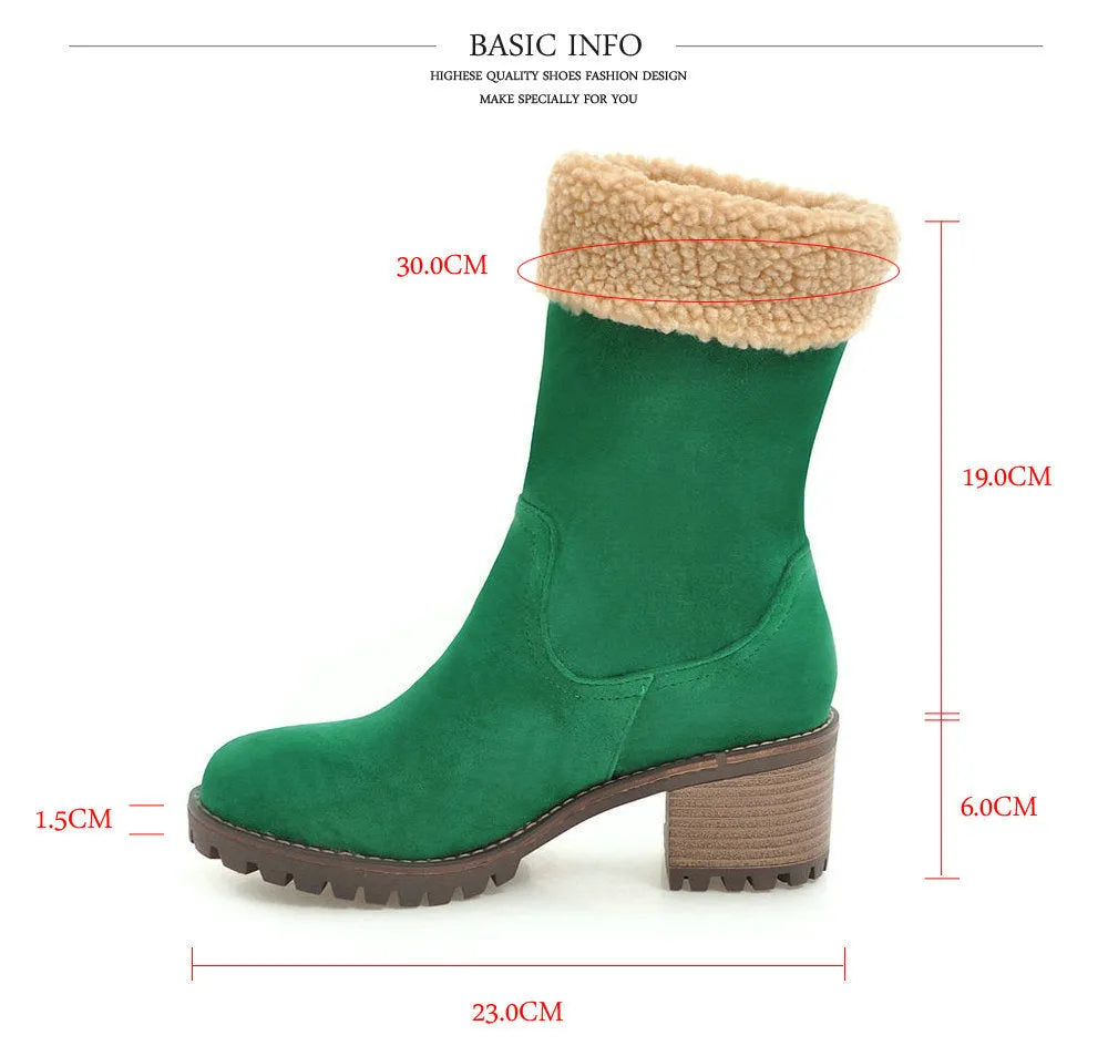 A pair of snow boots with a short plush lining and rubber insole, shown in multiple colours.
