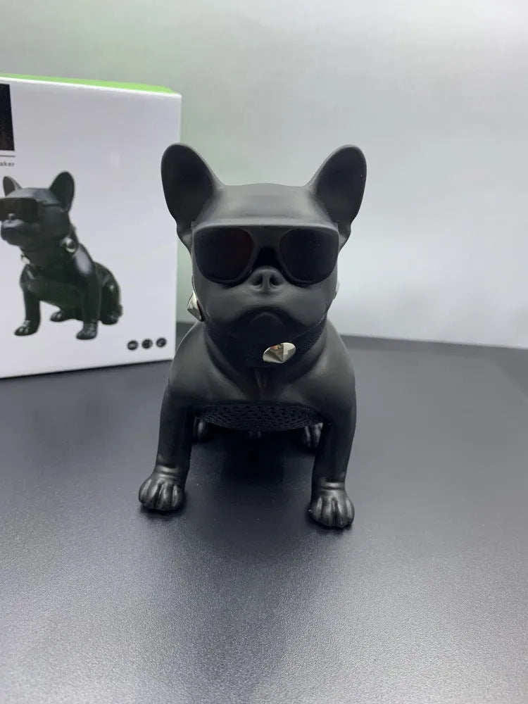 Mini bulldog-shaped Bluetooth speaker in black, red, and white colour options.