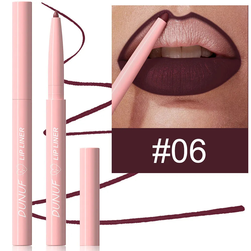 Velvet matte lip liner pencil in a choice of 12 colours for easy application.