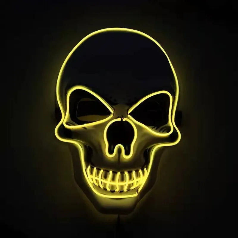 Skull LED glowing Halloween mask with EL wire, available in multiple colours, on a black background