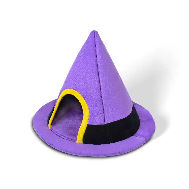 Purple Halloween witch hat shaped soft cloth cat bed for pets.