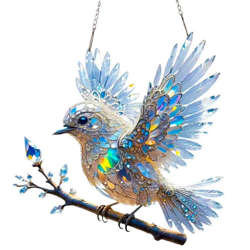 Square acrylic bird pendant ornament with cartoon design, shown in two size options.