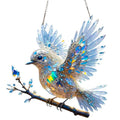 Square acrylic bird pendant ornament with cartoon design, shown in two size options.
