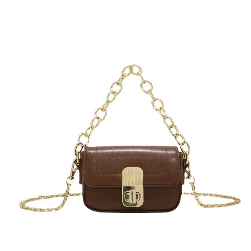 Niche chain shoulder messenger phone bag in horizontal square PU with soft handle and lock detail, brown colour option