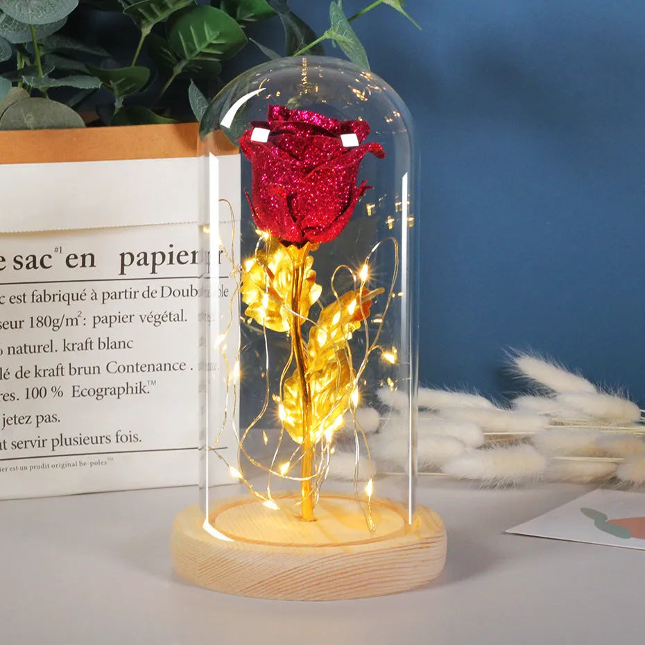 Eternal rose in glass cover with LED light on, seven colour options, handmade copper wire stem
