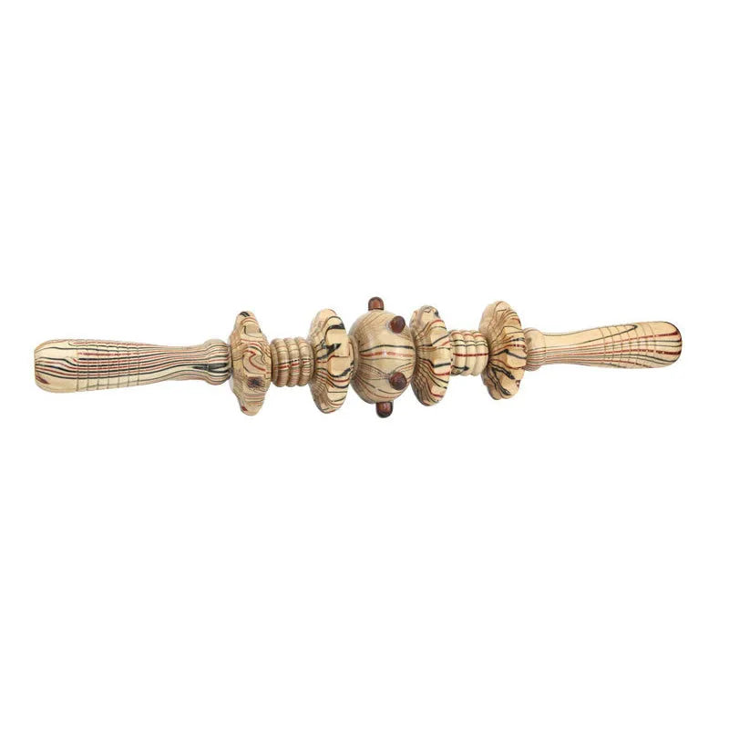 Wooden massage roller 38cm placed on surface, used for back and leg muscle trigger point recovery