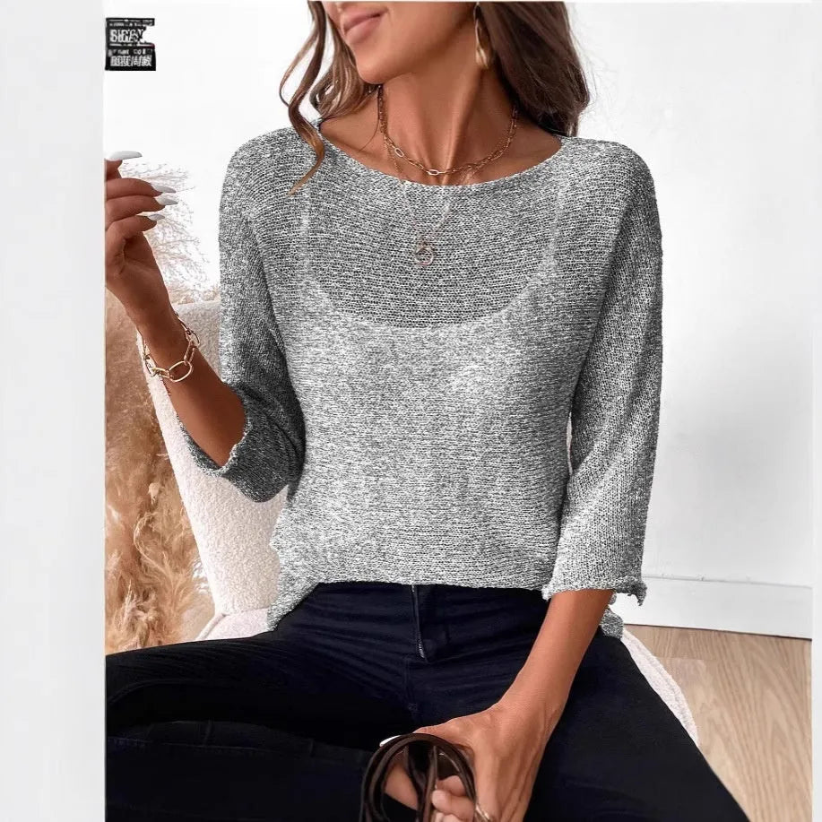 Women's knitted off-shoulder overall jumper in lavender purple with a 3D pattern and 3/4 sleeves.
