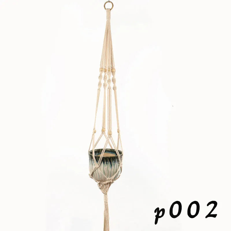 Woven wire cotton rope macramé plant hanger in a European village style, shown as a desktop, wall-mounted, and hanging basin.
