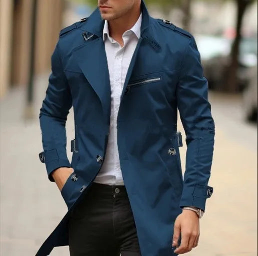 Men's mid-length cotton casual jacket with lapel collar in army green.