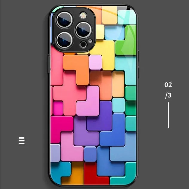Cartoon geometric silicone phone case for iPhone models showing black, silver and pink glass colour options