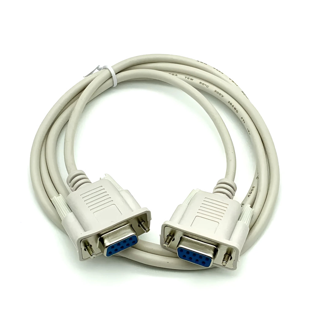 Female to female RS232 serial port cable with DB9 connectors in milky white colour, 1.5 metres long