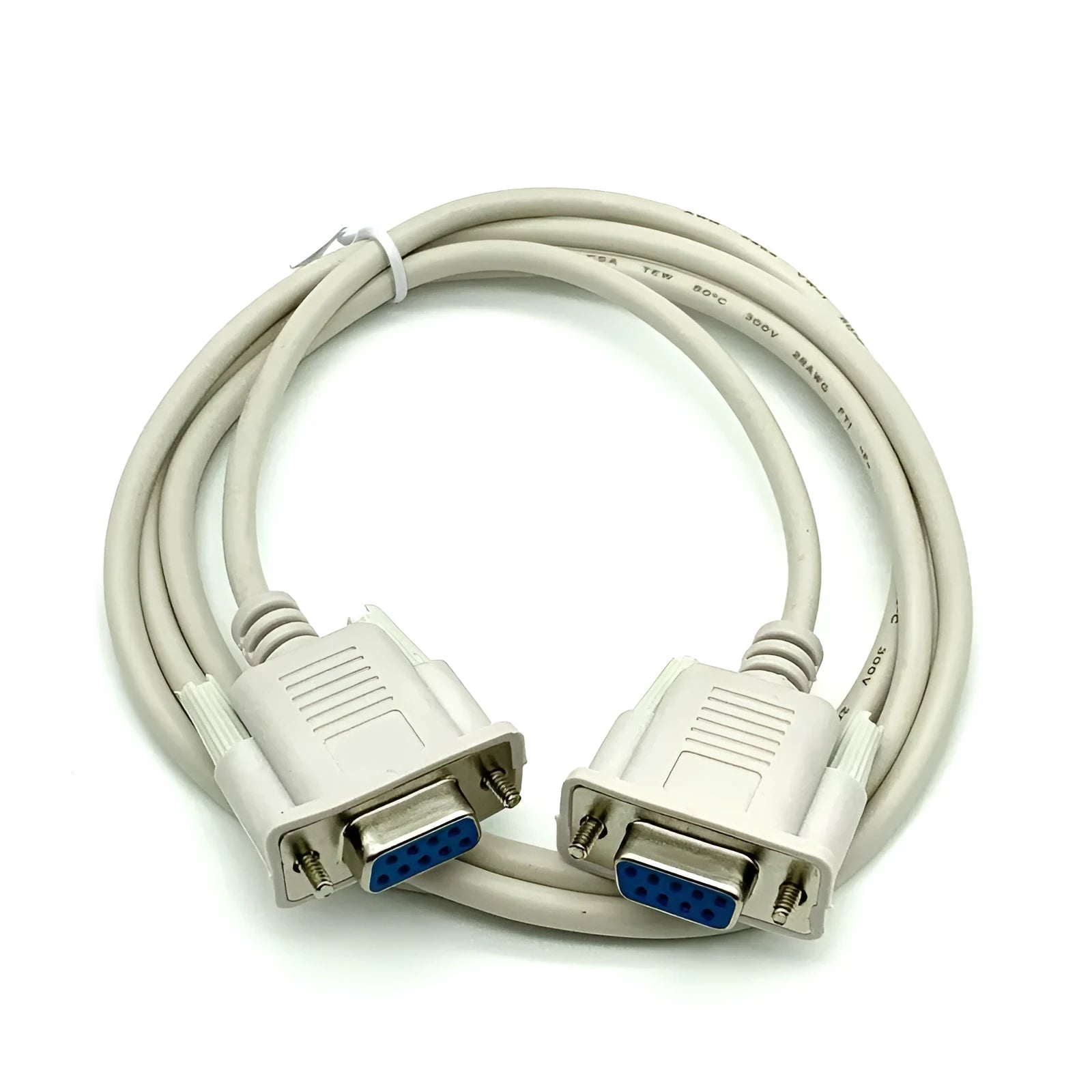 Female to female RS232 serial port cable with DB9 connectors in milky white colour, 1.5 metres long