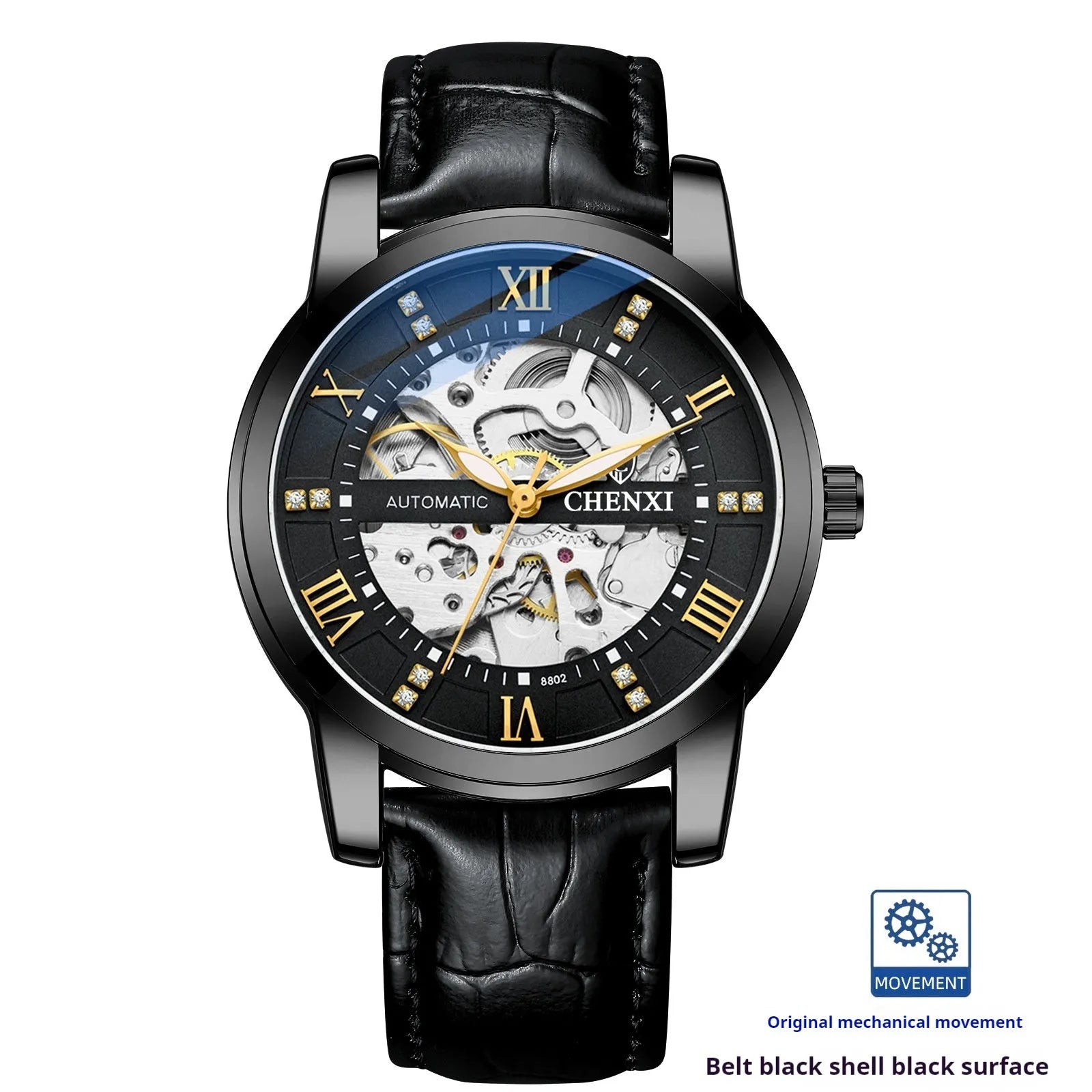 Hollow automatic mechanical watch with belt and black or gold shell, 13mm thickness, men's business style
