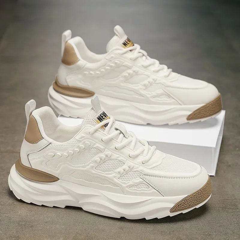 Men's white and black breathable mesh shoes with round toe design for leisure wear