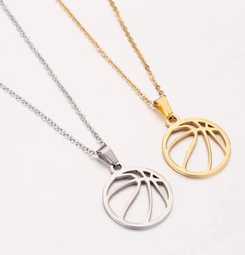 Gold stainless steel volleyball pendant necklace on display with chain and 3cm extender