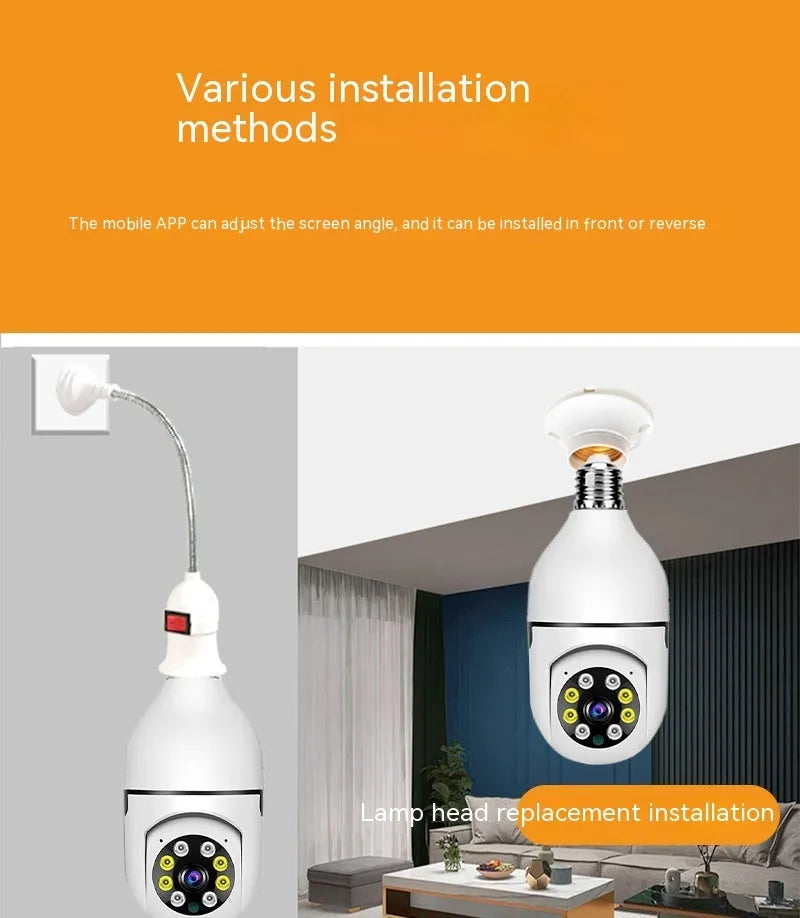 Wireless bulb security camera with 1080p HD resolution and full colour night vision measuring 5cm by 12cm