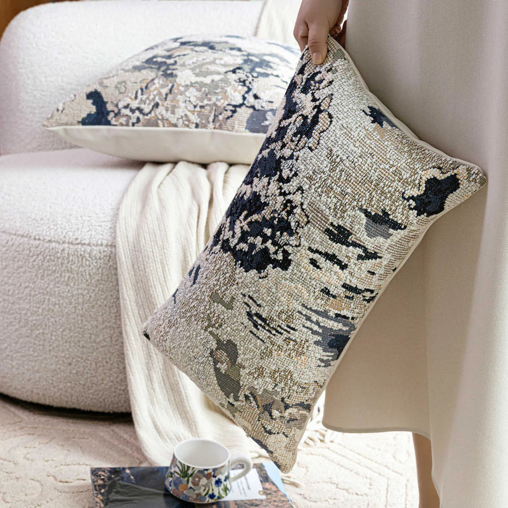 Antique blue square decorative cushion with abstract Chinese style floral pattern and wool blend fabric.