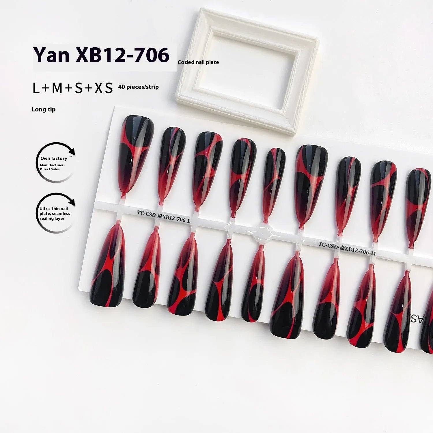 Gradient long tip press-on nails in European American wave line hot girl style with ultra-thin seamless build, 40 pieces for 4 sets
