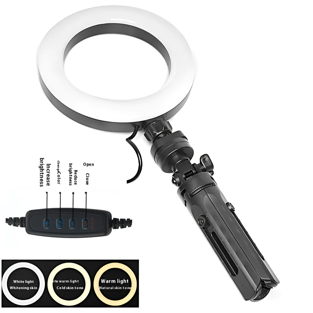 Black desktop tripod with adjustable fill light attached, holding a smartphone for streaming or video calls.