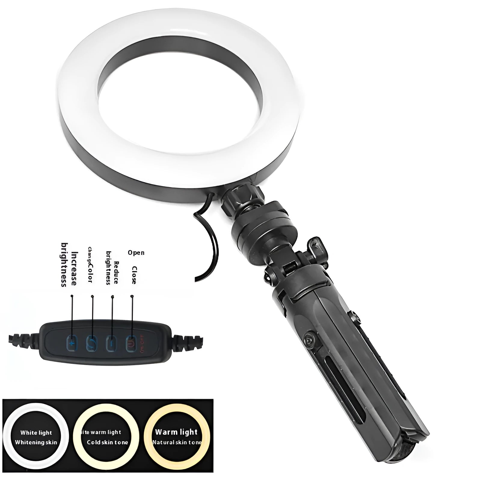 Black desktop tripod with adjustable fill light attached, holding a smartphone for streaming or video calls.