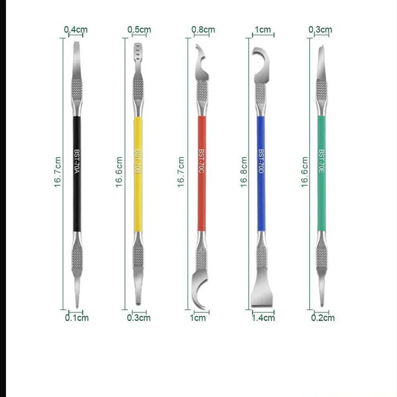 Five stainless steel crowbar disassembling tool knives for prying and removal.
