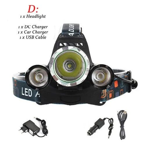 Aluminium alloy rechargeable LED headlight with adjustable head strap and Hawkeye lens.