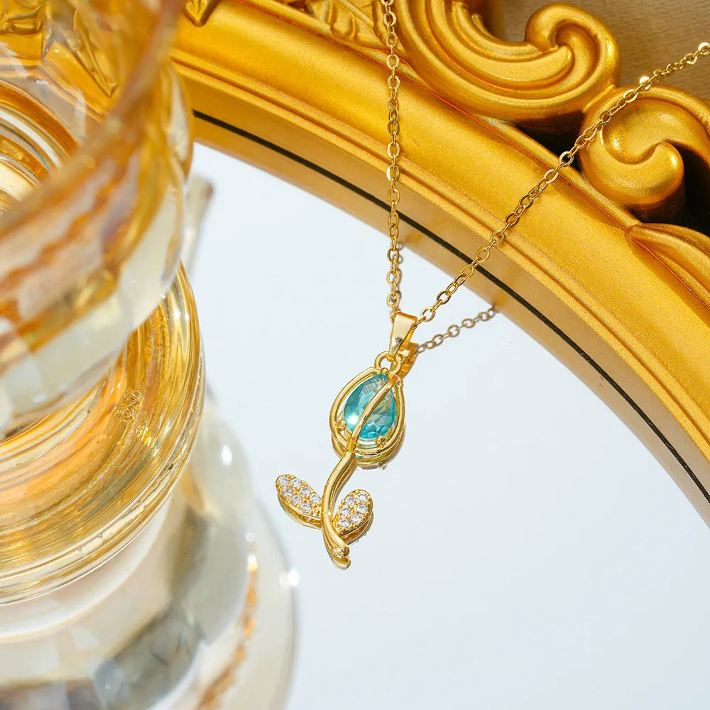 Zircon tulip necklace for women with flower-shaped pendant on adjustable titanium steel chain