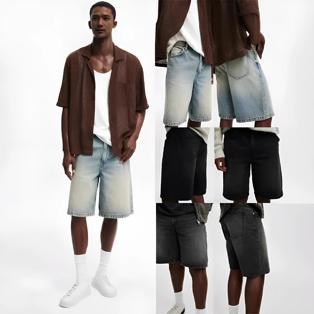 Man wearing loose fit light blue straight leg denim jeans, a streetwear summer style.
