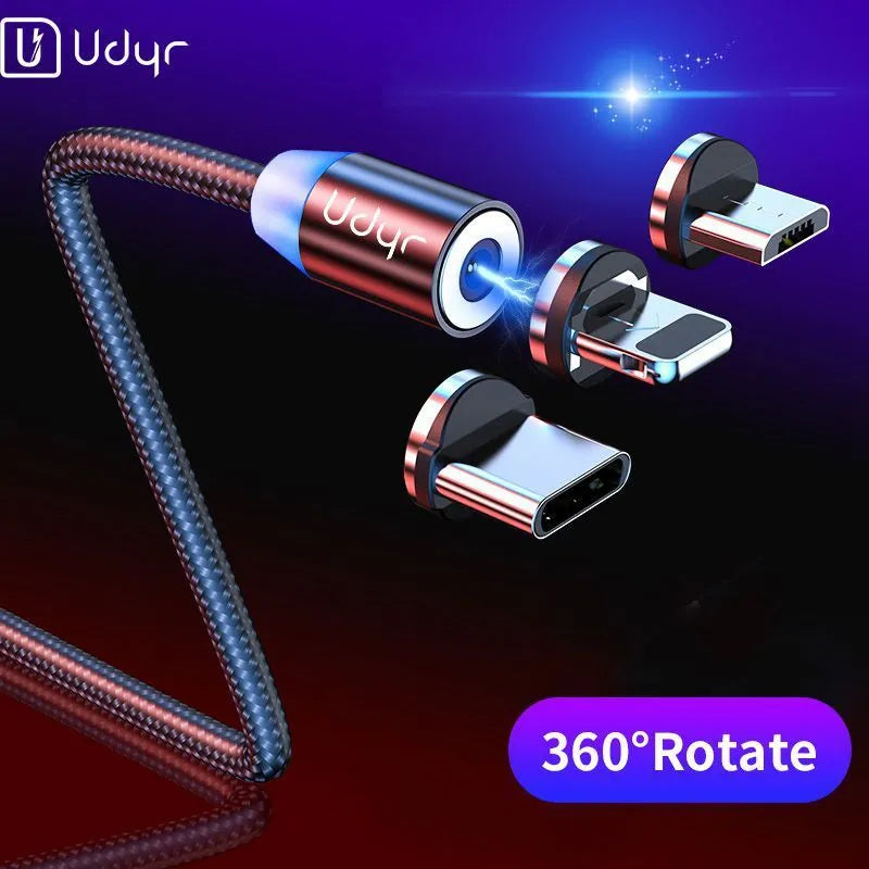 Black magnetic data cable with detachable heads for iPhone, Android and USB-C devices