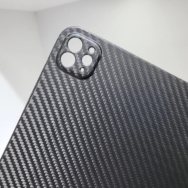 Carbon fibre hard case for Apple iPad Pro 11 with embossed plaid pattern showing three surface finish options