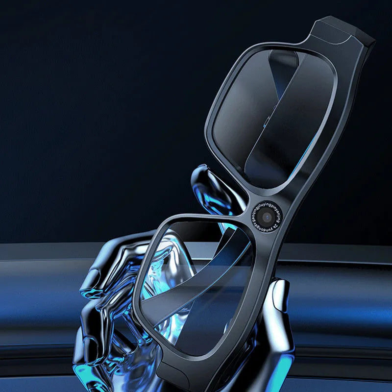 Black smart Bluetooth glasses with integrated camera for video recording
