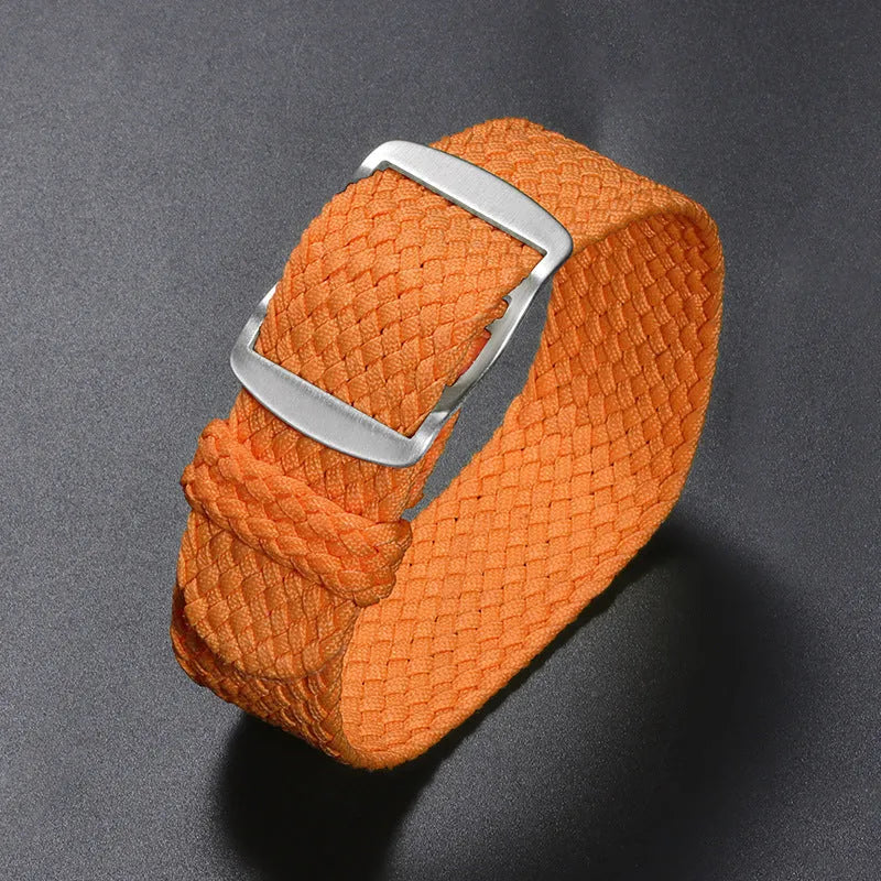 Woven nylon watchband in beige, 20mm width, with canvas-style finish on white background